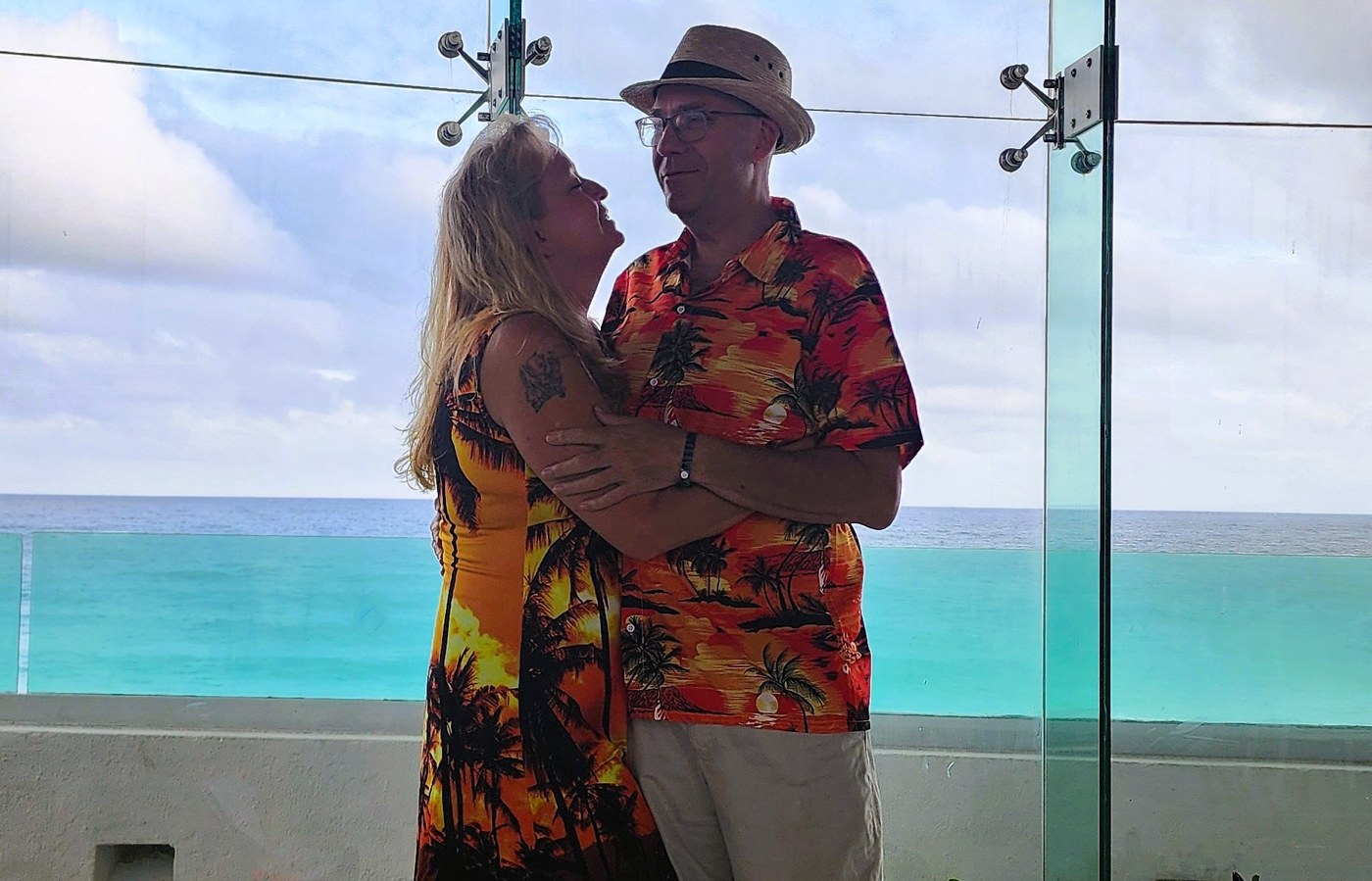 Joe and Judy on a balcony overlooking the ocean, on the vacation before Stein Haus existed